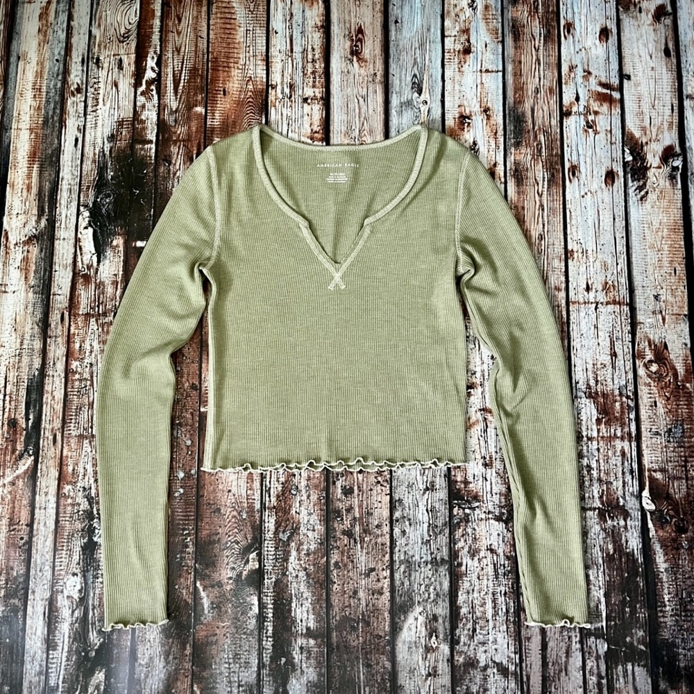American Eagle Outfitters Sage Long Sleeve Waffle Top